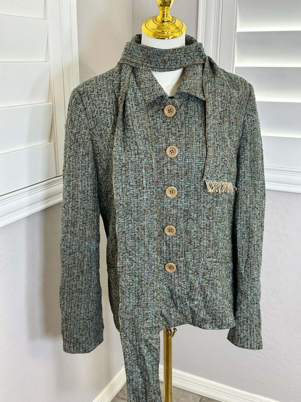 INSIGHT New York Women's Green Teal Brown Tweed Button-Up Jacket Size 14